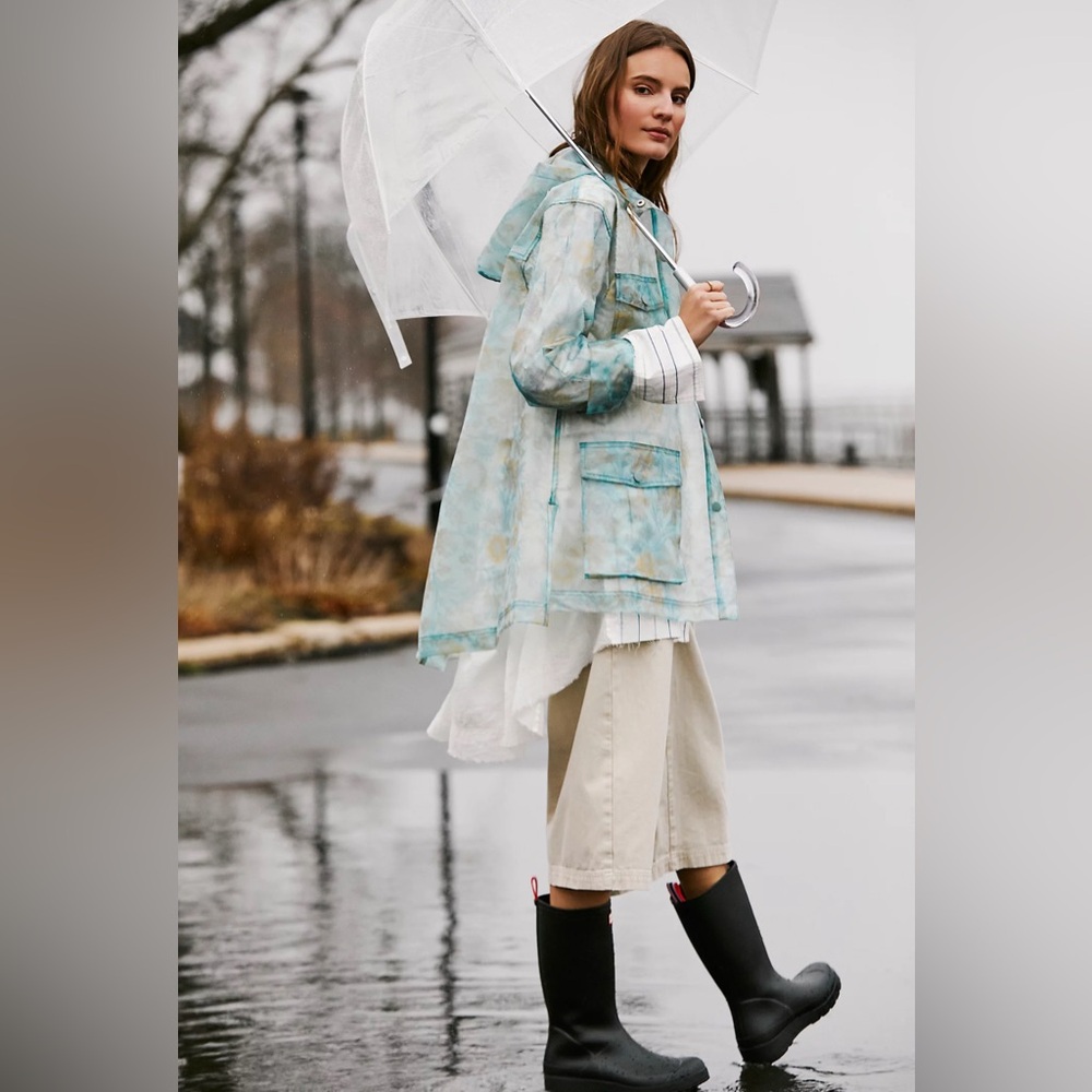 Free People Festival Teal and Yellow Floral Oversized Raincoat EUC Size XS